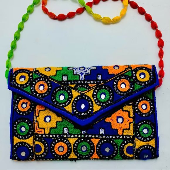 Handmade Multicolor Cross Bag, Ethnic Tribal Bag With Thread Work and Mirrors - Picture 2 of 7